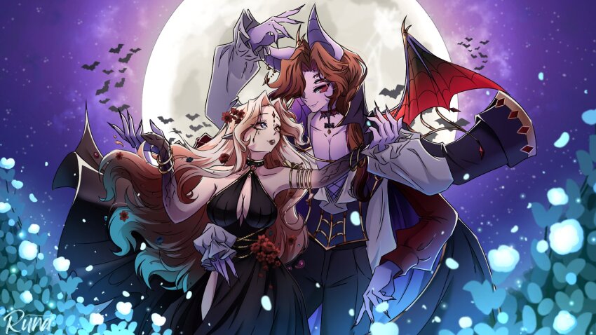 1girl, alternate_costume, animal_ears, armlet, bat_(animal), bat_ears, black_dress, blonde_hair, blue_eyes, blue_hair, brown_hair, cape, carol_(lilum), choker, colored_sclera, colored_skin, cosplay, dancing, dante_will, dante_will_(bat), dante_will_(halloween), dracula, dracula_(cosplay), dress, ear_piercing, extra_arms, extra_eyes, fingernails, flower, full_moon, gradient_hair, hair_flower, hair_ornament, halloween, halloween_costume, heterochromia, highres, holding, indie_virtual_youtuber, jewelry, long_hair, long_sleeves, moon, multicolored_hair, orange_eyes, piercing, portuguese_commentary, purple_skin, red_hair, red_sclera, runamaroding, sharp_fingernails, smile, vampire_costume, white_eyes, wings