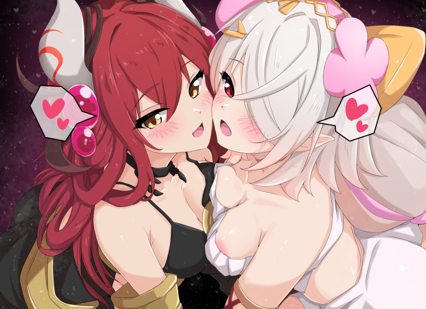 2girls, arthropod_girl, black_camisole, blush, breasts, bukkake, camisole, cheek-to-cheek, cleavage, collarbone, commentary_request, cum, duel_monster, flower, hair_between_eyes, hair_flower, hair_ornament, hair_over_one_eye, heads_together, heart, highres, kurobe_18, long_hair, looking_at_viewer, monster_girl, multicolored_hair, multiple_girls, open_mouth, pink_hair, plant_girl, red_eyes, red_hair, shirt, smile, spoken_heart, strapless, strapless_shirt, traptrix_allomerus, traptrix_pinguicula, very_long_hair, yellow_eyes, yu-gi-oh!, yuri