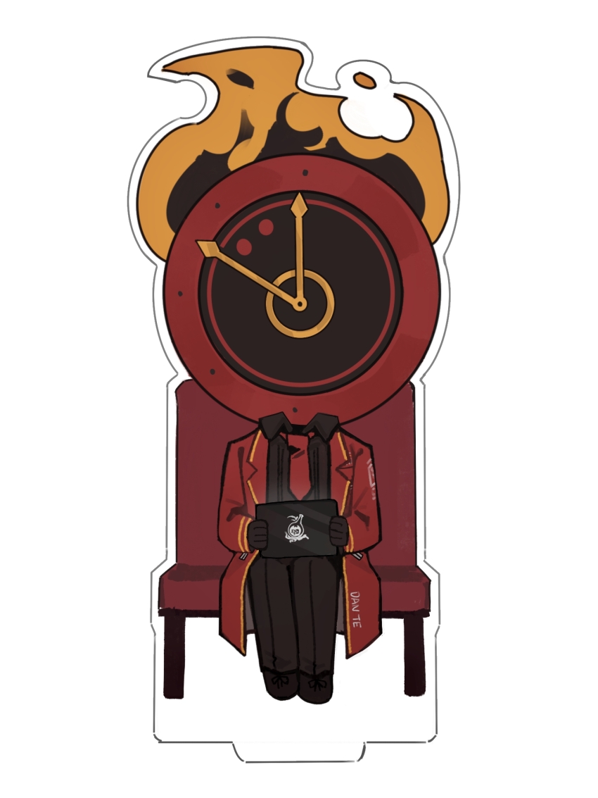 1other, black_gloves, black_pants, black_shirt, black_shoes, chair, chinese_commentary, clock