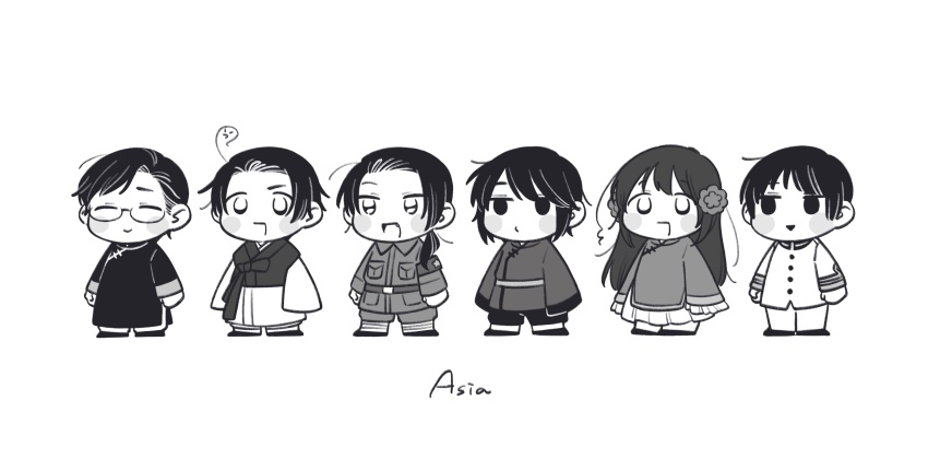 1girl, 5boys, absurdres, ahoge, armband, axis_powers_hetalia, baggy_pants, bandaged_leg