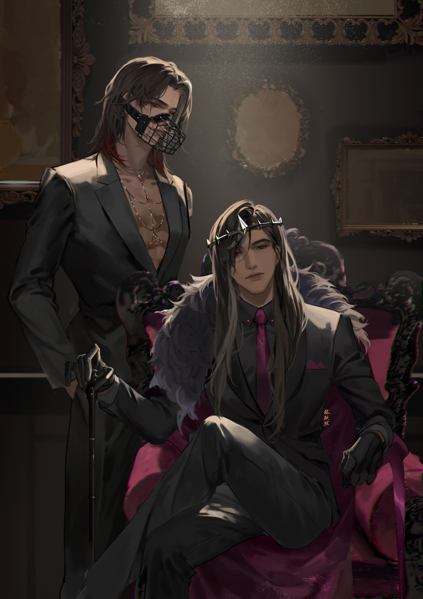 2boys, abs, alternate_costume, arm_rest, armchair, black_gloves, black_hair, black_jacket