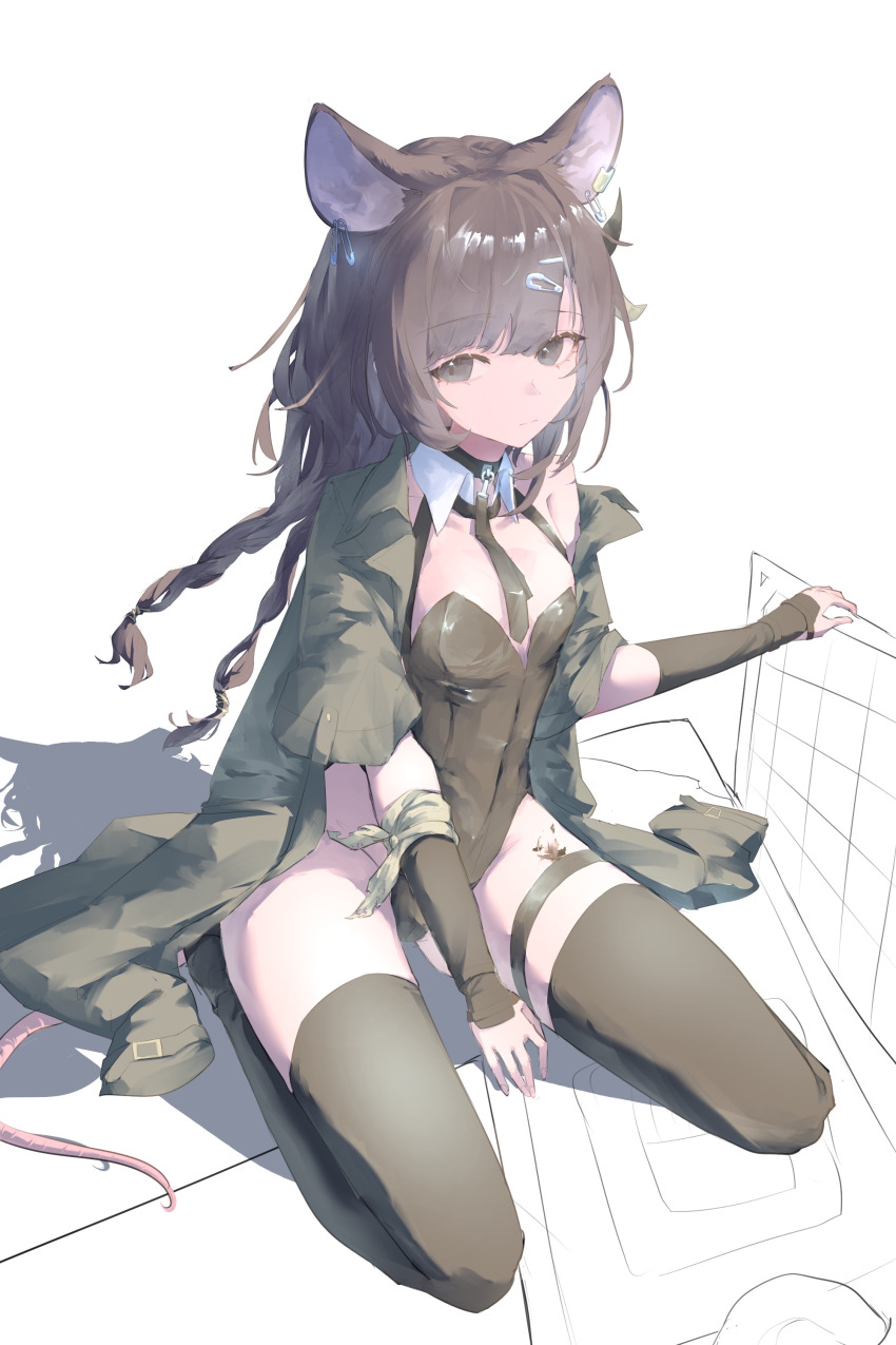 1girl, absurdres, animal_ear_piercing, animal_ears, arknights, black_eyes, black_hair, black_leotard