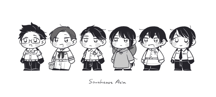 1girl, 5boys, absurdres, ao_dai, axis_powers_hetalia, backpack, bag, baggy_pants