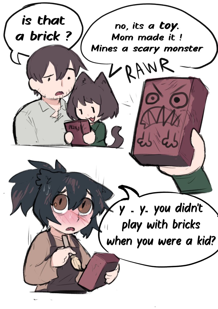 1boy, 2girls, absurdres, animal_ears, apron, black_hair, blush, brown_apron