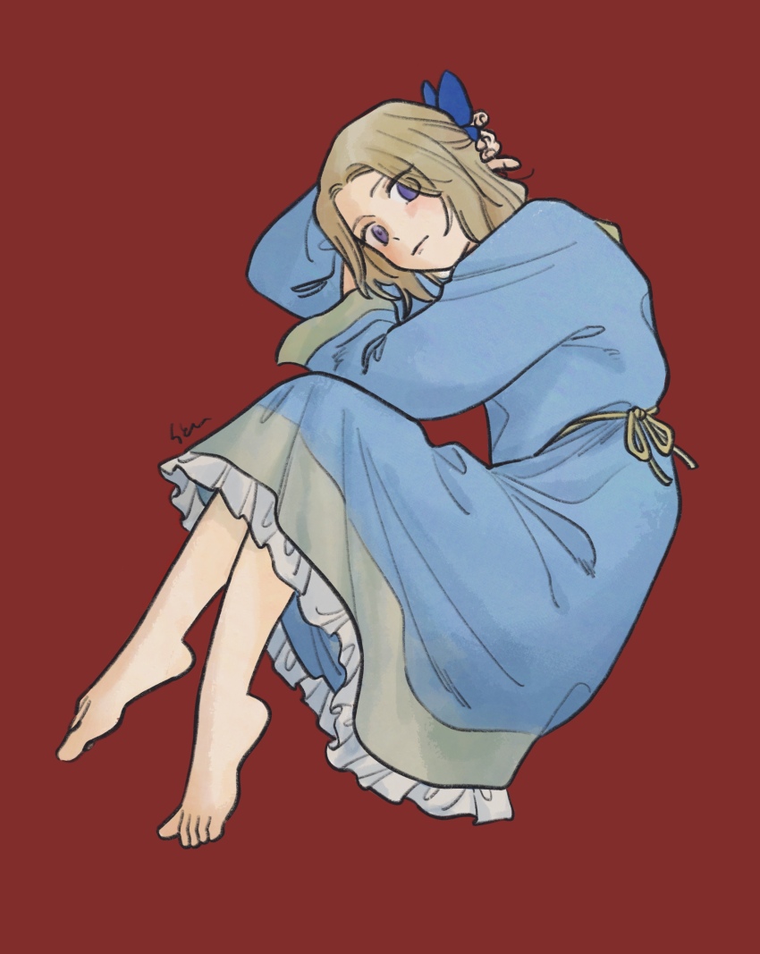 1boy, absurdres, aged_down, axis_powers_hetalia, barefoot, belt, blonde_hair, blue_bow