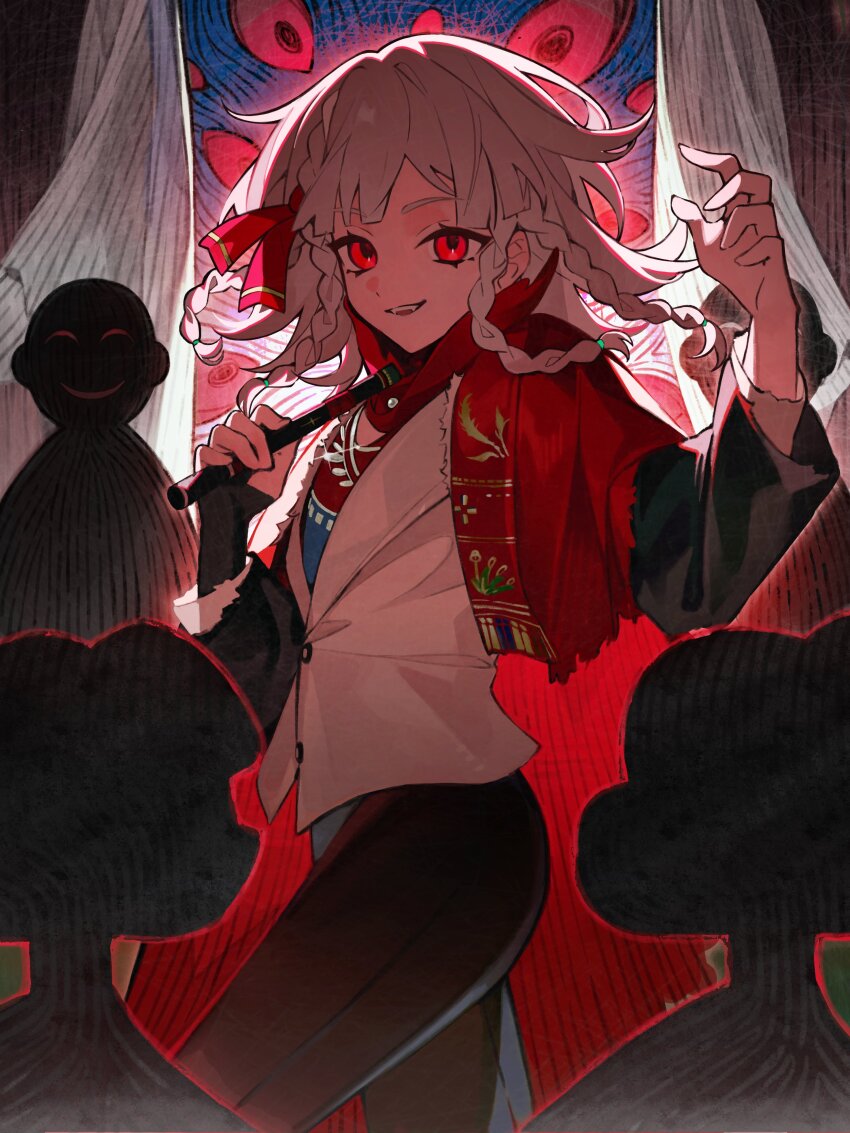 1girl, 4others, absurdres, braid, cloak, fangs, flute, hair_ribbon