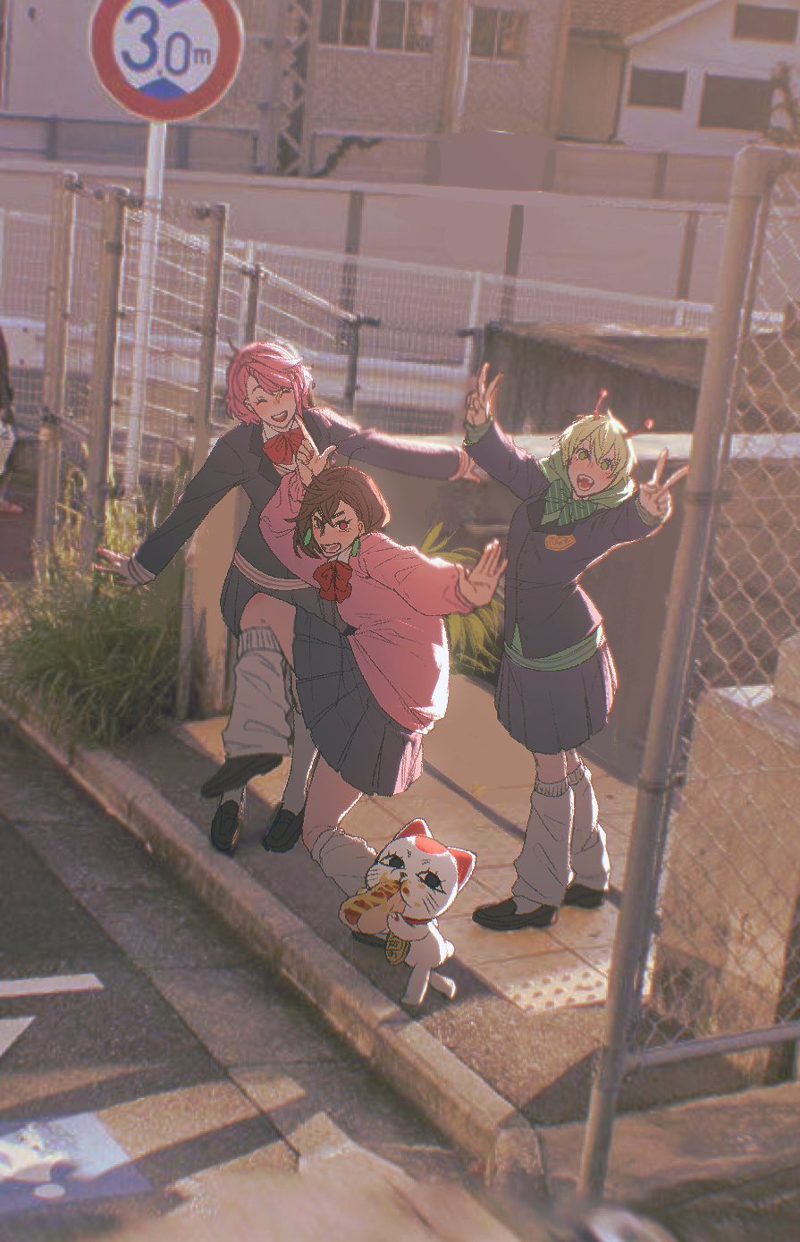 3girls, antennae, ayase_momo, blonde_hair, blue_jacket, blue_skirt, bow, bowtie