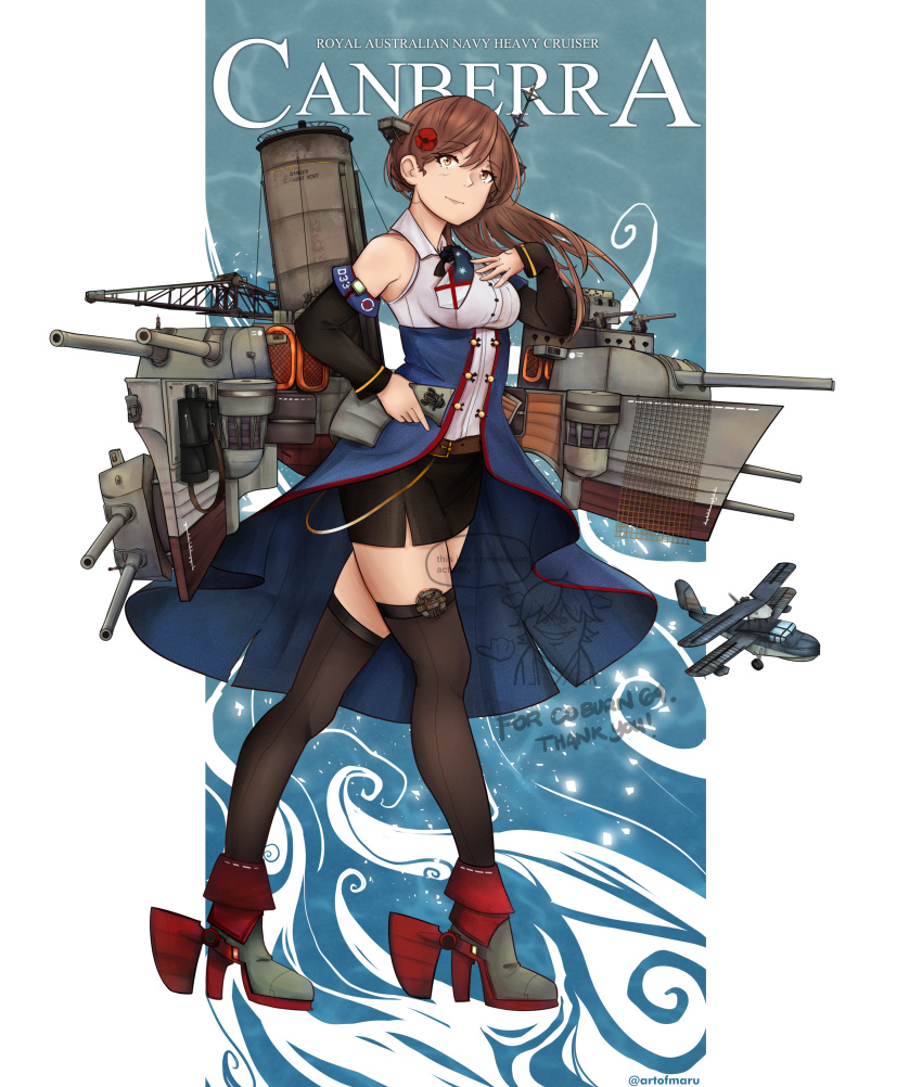 1girl, absurdres, bananamaru, black_skirt, black_thighhighs, blue_corset, brown_eyes, brown_hair, commentary, commission, corset, detached_sleeves, english_commentary, english_text, flower, full_body, hair_flower, hair_ornament, hand_on_own_chest, hand_on_own_hip, headgear, highres, hmas_canberra_(d33), kantai_collection, long_hair, looking_at_viewer, original, pencil_skirt, poppy_(flower), rigging, rudder_footwear, ship_turret, shirt, skirt, sleeveless, sleeveless_shirt, smokestack, solo, supermarine_walrus, thighhighs, white_shirt