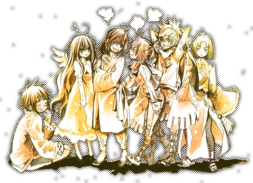 1girl, 5boys, :p, aged_down, allen_walker, alma_karma, angel_wings, anger_vein