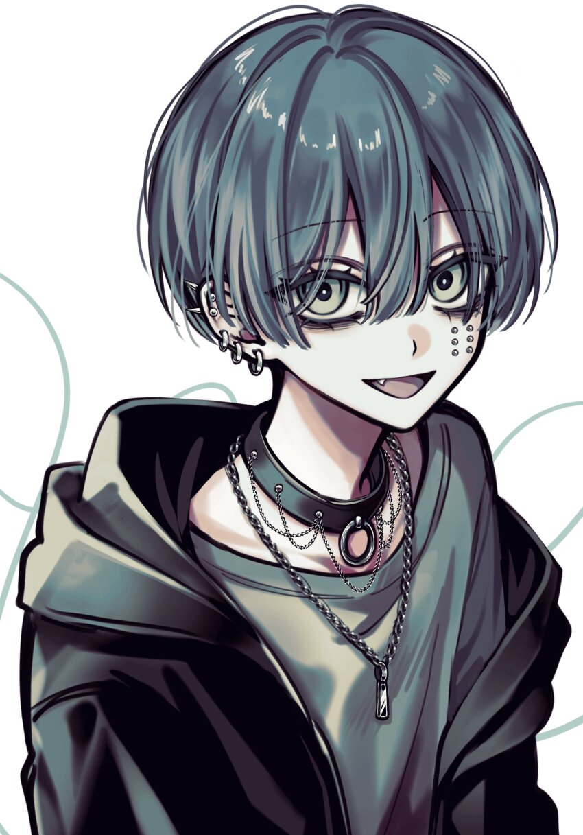 1boy, :d, amptakxcolors, bags_under_eyes, bishounen, black_collar, black_jacket, blue_hair