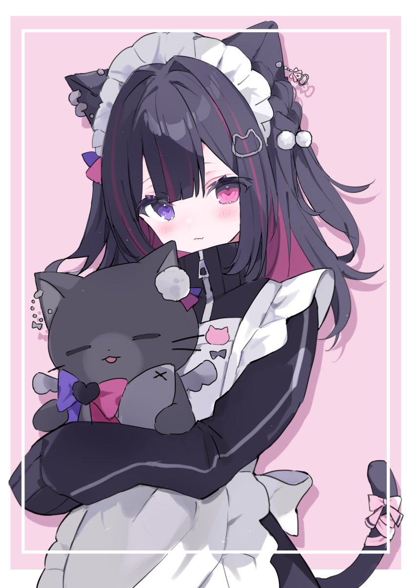 1girl, absurdres, animal_ear_piercing, animal_ears, apron, black_hair, black_track_suit, blunt_bangs