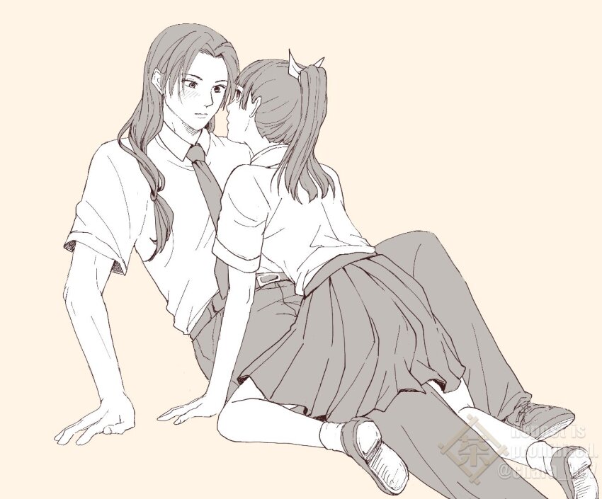 1boy, 1girl, alternate_costume, blunt_bangs, blush, chara_no7, collared_shirt, hair_ribbon