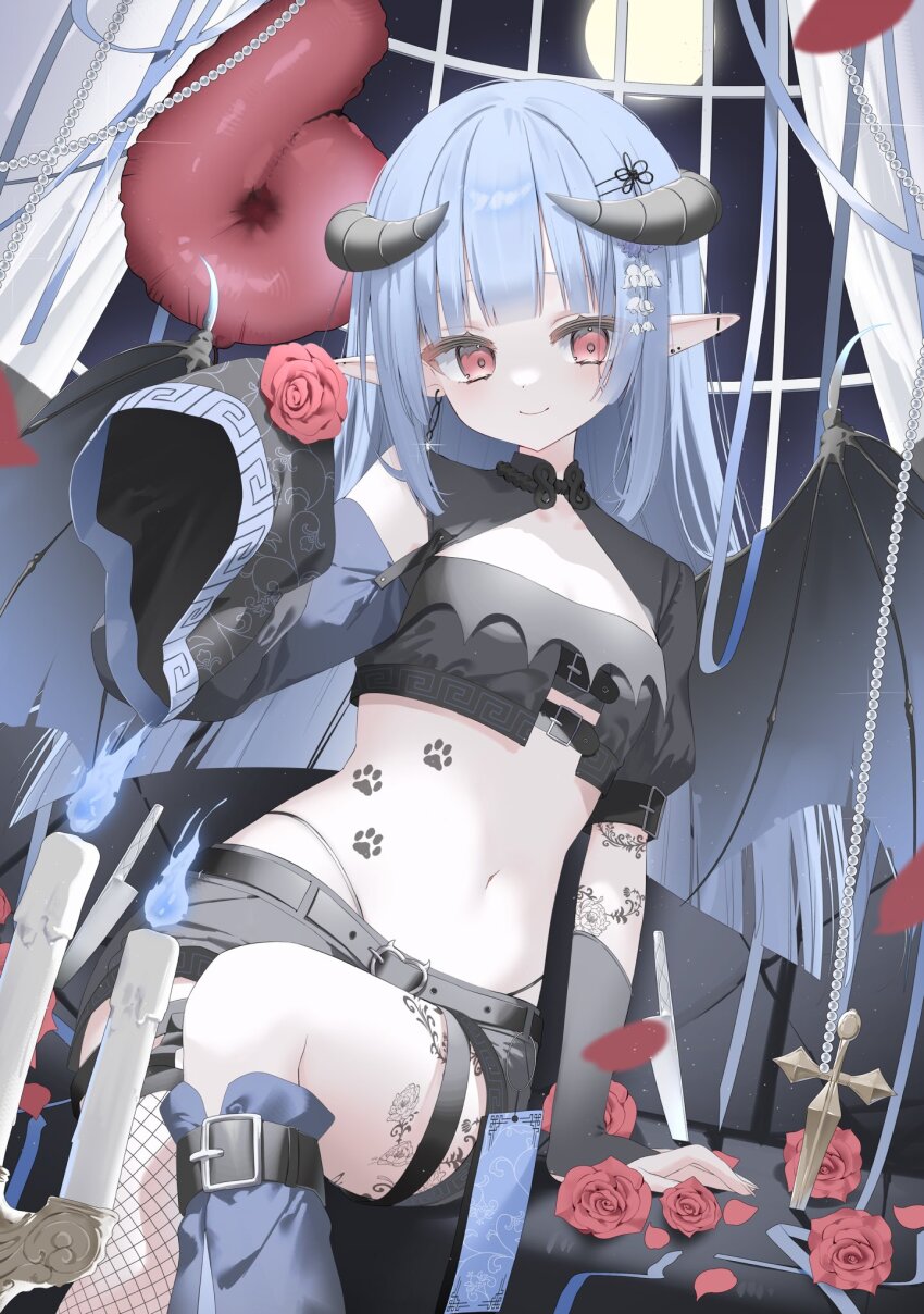 1girl, above-cleavage_cutout, absurdly_long_hair, aono_yoru, arm_at_side, arm_tattoo, balloon, birthday