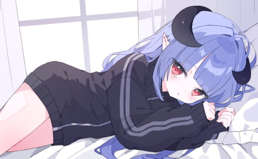 1girl, aono_yoru, bare_legs, black_horns, black_jacket, blunt_bangs, clenched_hands, closed_mouth, commentary, commission, cowboy_shot, curtains, day, ear_piercing, hands_up, head_on_pillow, highres, horns, indie_virtual_youtuber, indoors, jacket, long_hair, lying, namu_(x_xww), on_bed, on_side, petite, piercing, pillow, pointy_ears, pout, purple_hair, red_eyes, second-party_source, skeb_commission, sleeves_past_wrists, solo, sulking, sunlight, tearing_up, track_jacket, window, zipper