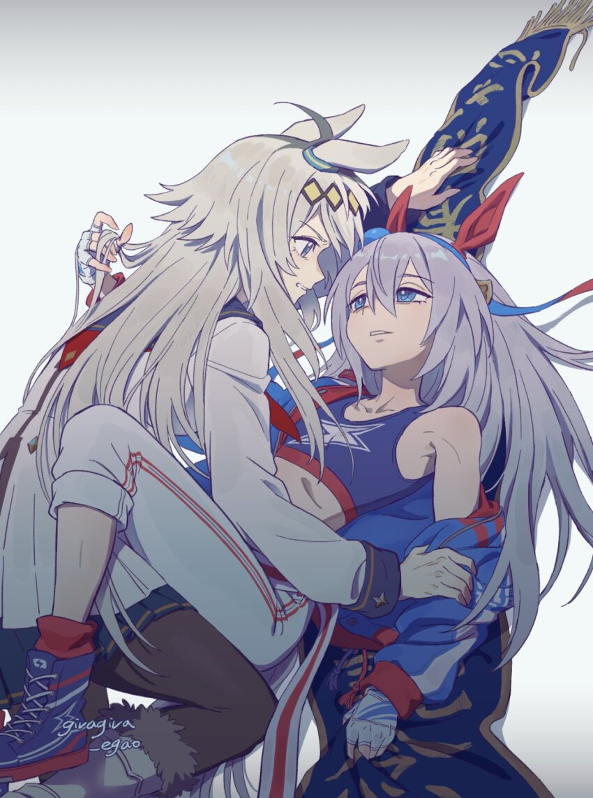 2girls, ahoge, animal_ears, belt, blue_eyes, blue_hairband, blue_jacket, blue_sailor_collar