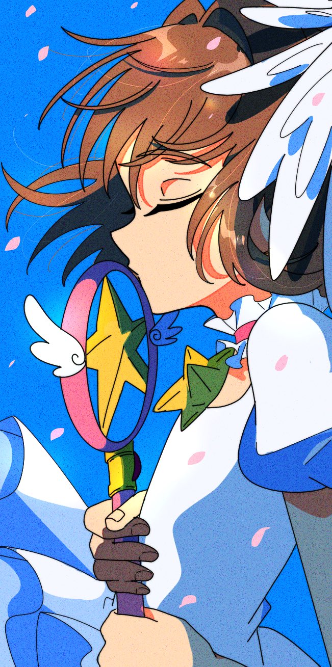 1girl, blue_background, brown_hair, cardcaptor_sakura, child, closed_eyes, commentary, dress