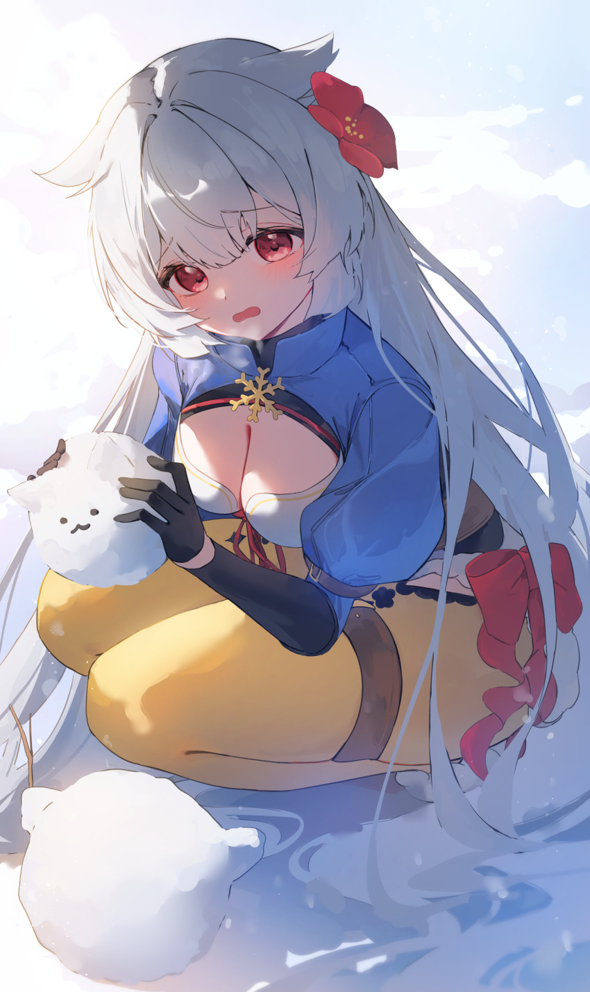 1girl, absurdres, black_gloves, blue_shrug, blush, bow, breasts, breath