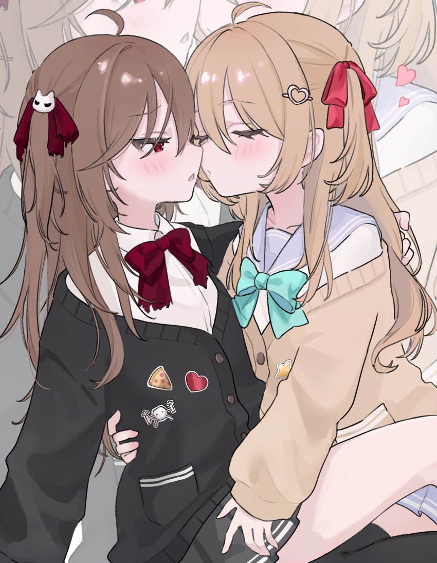 2girls, absurdres, ahoge, aqua_bow, aqua_bowtie, black_cardigan, black_skirt, black_thighhighs