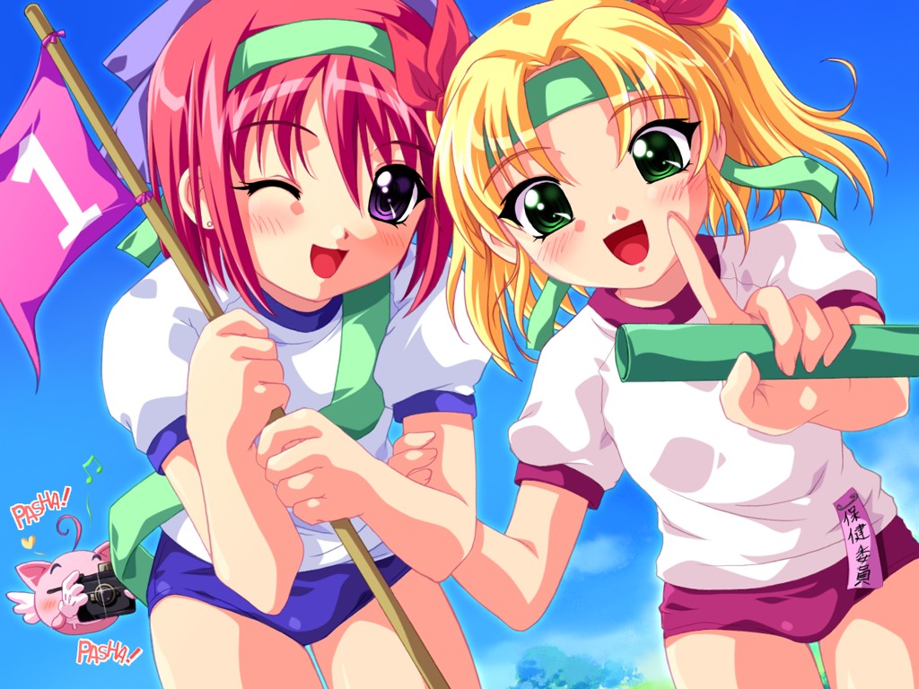 00s, 2girls, :d, blonde_hair, blush, buruma, celia_(little_monica_monogatari), day