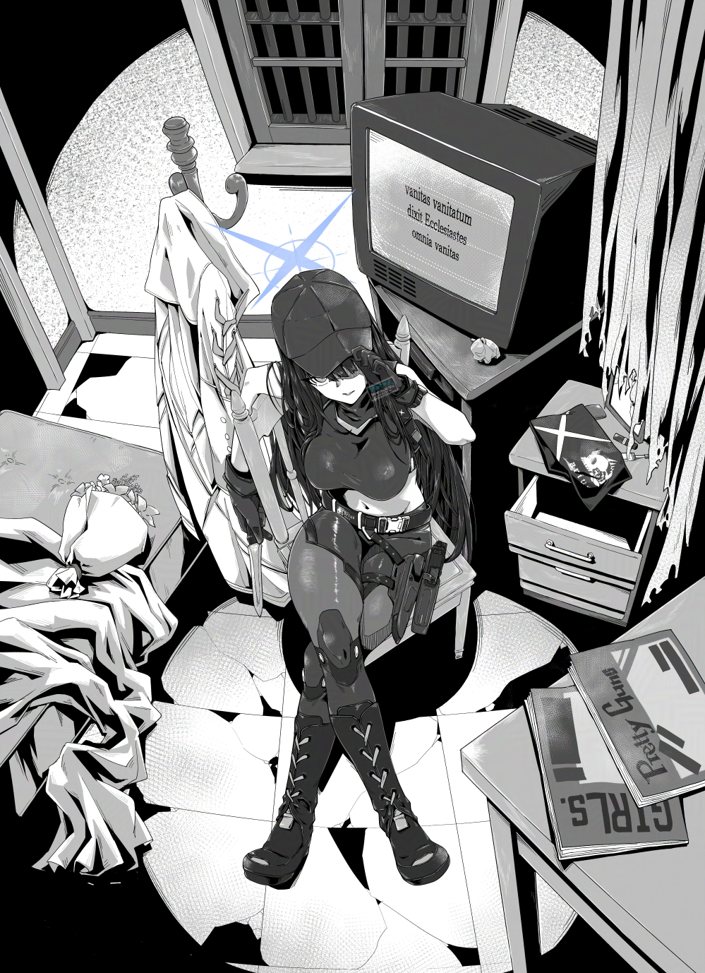 1girl, akaimame, baseball_cap, bed, black_hair, blue_archive, blue_halo, bouquet