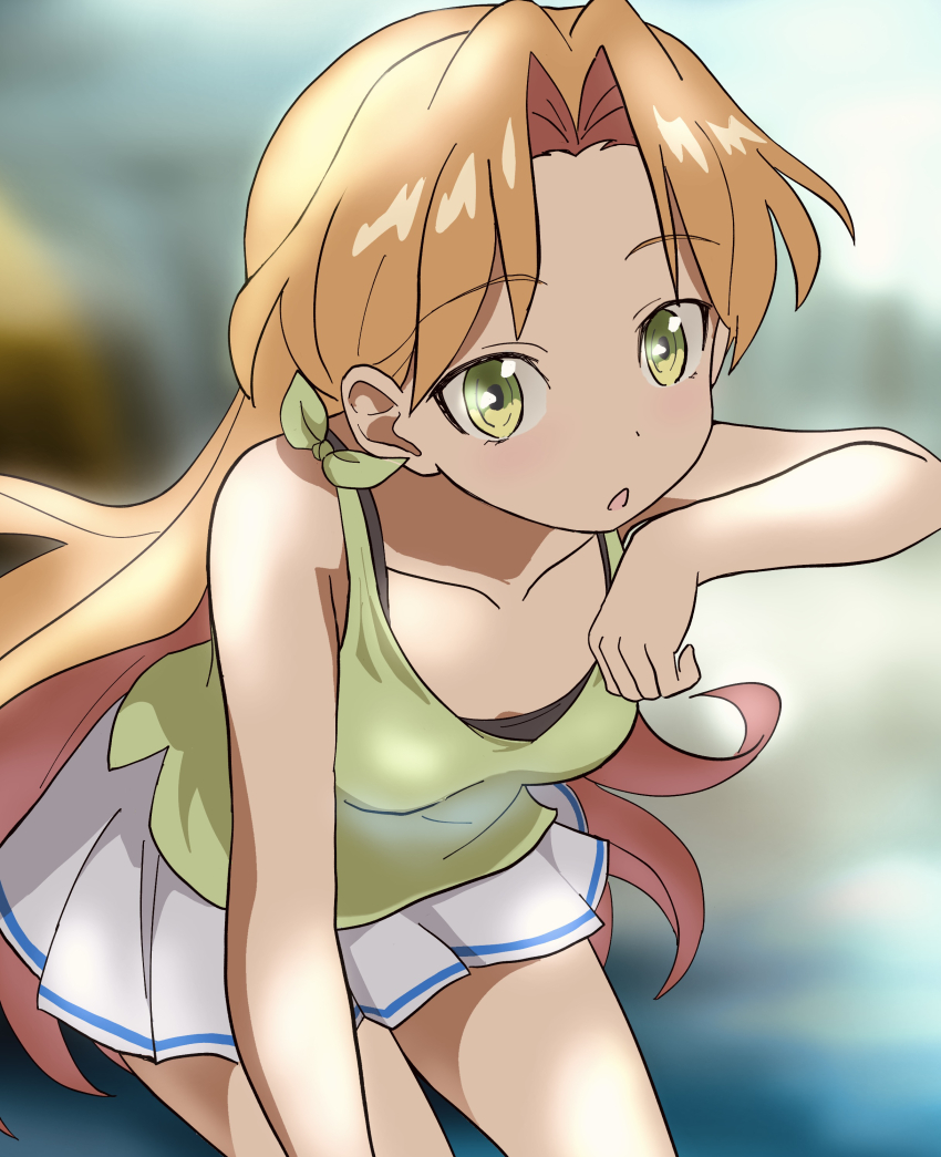 1girl, absurdres, black_bow, blonde_hair, blurry, blurry_background, bow, bra