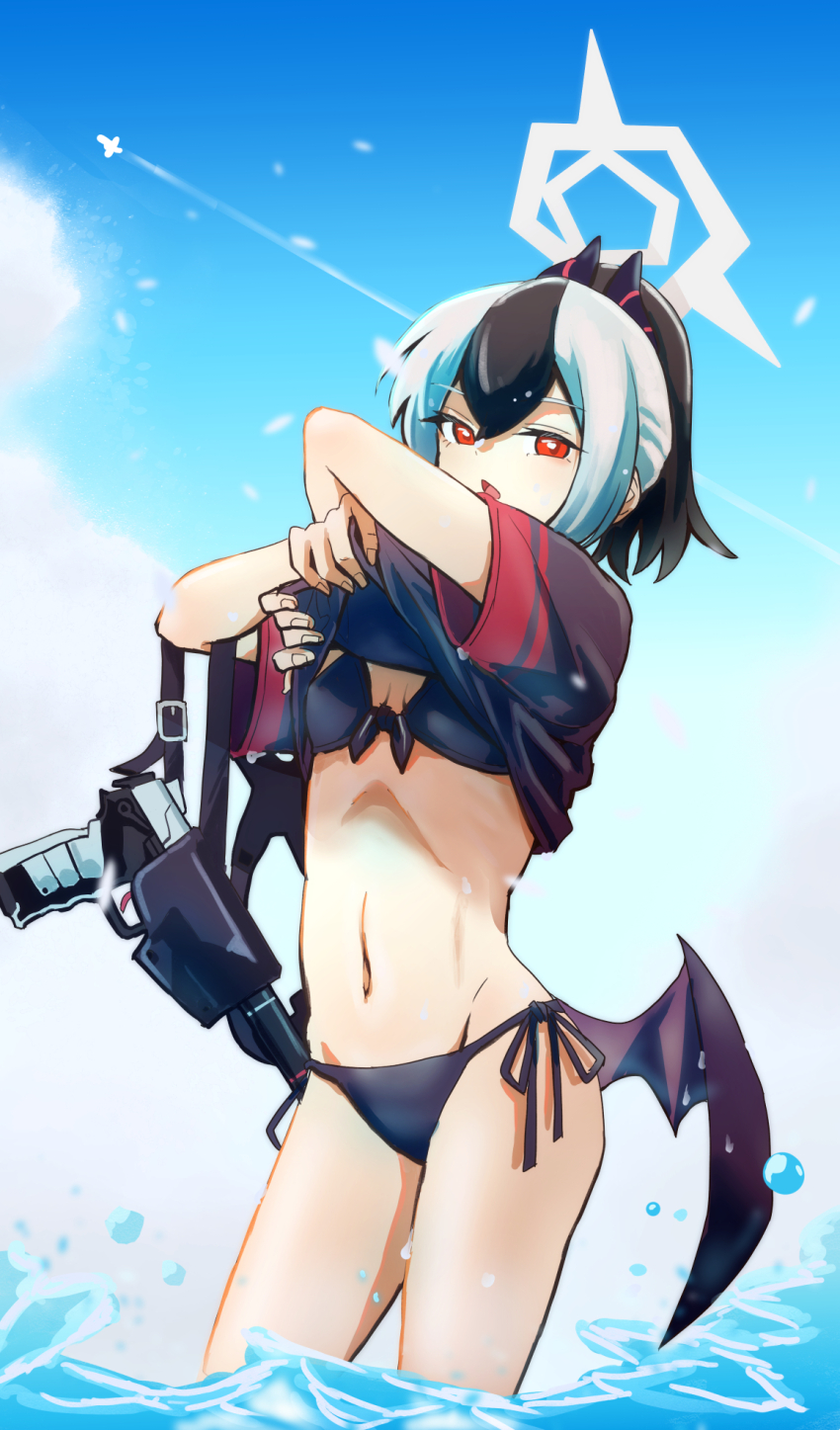 1girl, aircraft, airplane, akaimame, alternate_costume, bikini, black_bikini, black_hair