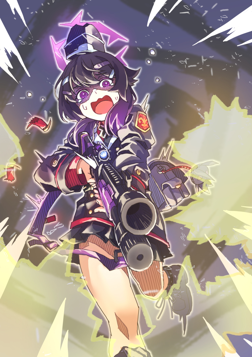 1girl, akaimame, ammunition, bag, blue_archive, boots, bright_pupils, commentary_request