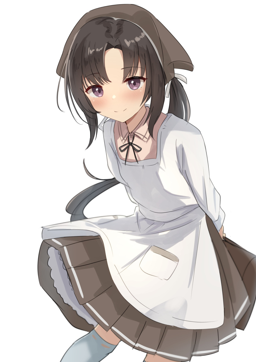 1girl, absurdres, apron, arms_behind_back, bandana, black_hair, black_ribbon, blush