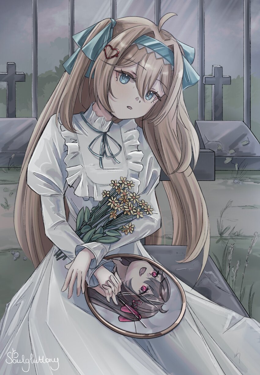 2girls, ahoge, blue_eyes, blue_hairband, blue_ribbon, broken_heart, broken_heart_hair_ornament, brown_hair