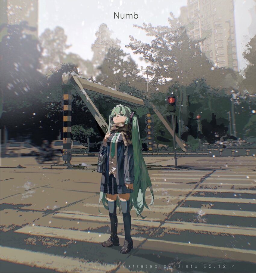 1girl, aqua_eyes, aqua_hair, aqua_necktie, aqua_trim, artist_name, bag, black_bag, black_jacket, black_shoes, black_thighhighs, blue_skirt, brown_scarf, building, car, commentary, crosswalk, dated, english_text, hair_ornament, hand_up, hatsune_miku, highres, jacket, jiatu, legs_apart, long_hair, looking_up, motor_vehicle, necktie, open_clothes, open_jacket, outdoors, plaid_clothes, plaid_scarf, plaid_skirt, pleated_skirt, procreate_(medium), scarf, shirt, shoes, shoulder_bag, skirt, snowing, solo_focus, standing, untranslatable_commentary, thighhighs, traffic_light, tree, unfinished, very_long_hair, vocaloid, white_shirt, wide_shot