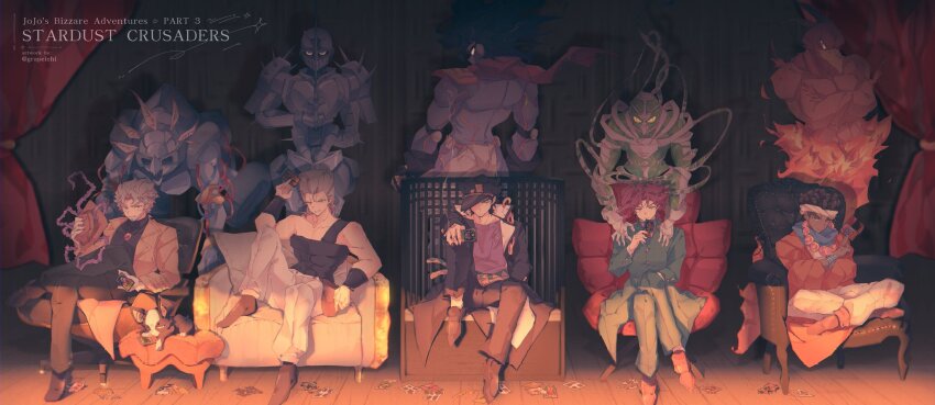 5boys, 5others, armchair, beard, black_coat, black_hair, black_hat, black_shirt