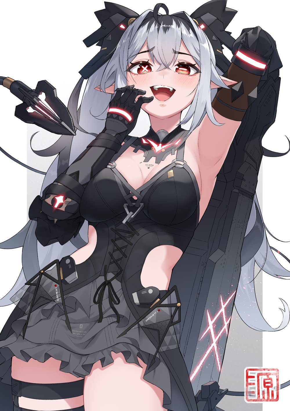 1girl, ahoge, arm_behind_back, arm_up, armpits, barcode, barcode_tattoo, berudora