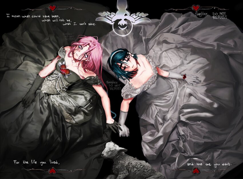 2girls, alien_stage, alternate_costume, artist_name, asymmetrical_gloves, black_dress, black_gloves, black_hair, commentary, commentary_request, dress, earrings, english_commentary, english_text, gloves, gown, half_gloves, heart, highres, jewelry, makeup, mizi_(alien_stage), multiple_girls, off-shoulder_dress, off_shoulder, parted_lips, pink_hair, runny_makeup, sanjiixx, single_half_glove, sitting, sua_(alien_stage), uneven_gloves, white_dress, white_gloves, yellow_eyes