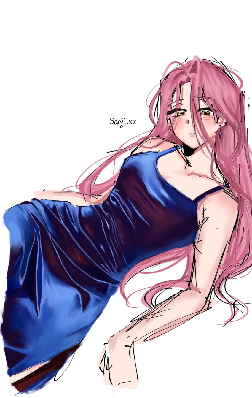 1girl, alien_stage, alternate_costume, artist_name, blue_dress, breasts, commentary, dress