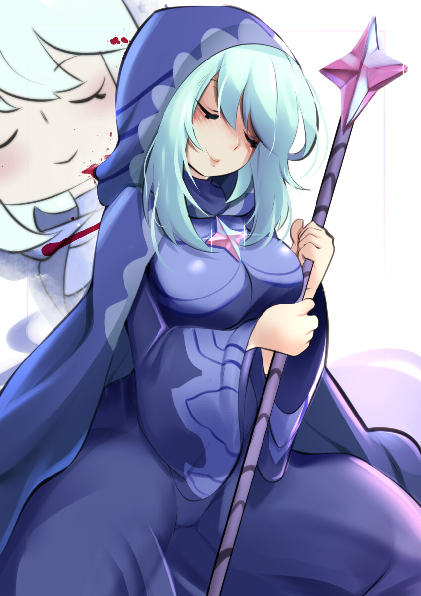 1girl, absurdres, alternate_breast_size_(larger), animahakim, blessing_of_the_welkin_moon, blood, blood_on_face, blood_splatter, blue_cloak, blue_dress, blue_hair, blush, breasts, cloak, closed_mouth, commentary, dress, english_commentary, genshin_impact, glint, hair_between_eyes, head_tilt, highres, holding, holding_staff, hood, hood_up, hooded_cloak, huge_breasts, light_smile, long_sleeves, pink_lips, primogem, short_hair, sitting, skin_tight, solo, spread_legs, staff, swept_bangs, thick_lips, thick_thighs, thighs, upper_body, wariza, wide_sleeves