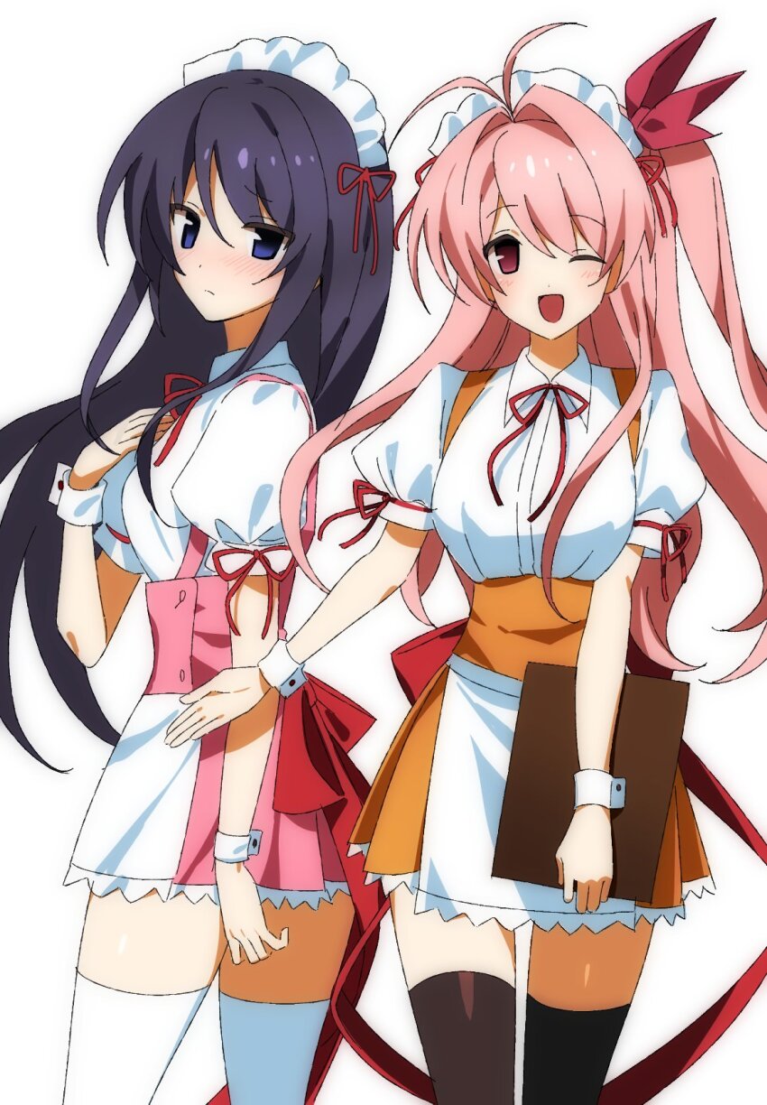 2girls, alion_9715, antenna_hair, aoi_sena, apron, back_bow, black_thighhighs, blush