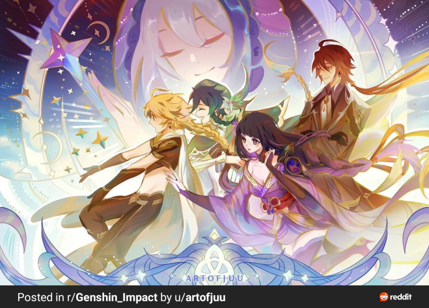 10juu, 2girls, 3boys, abstract_background, aether_(genshin_impact), ahoge, armor, artist_name