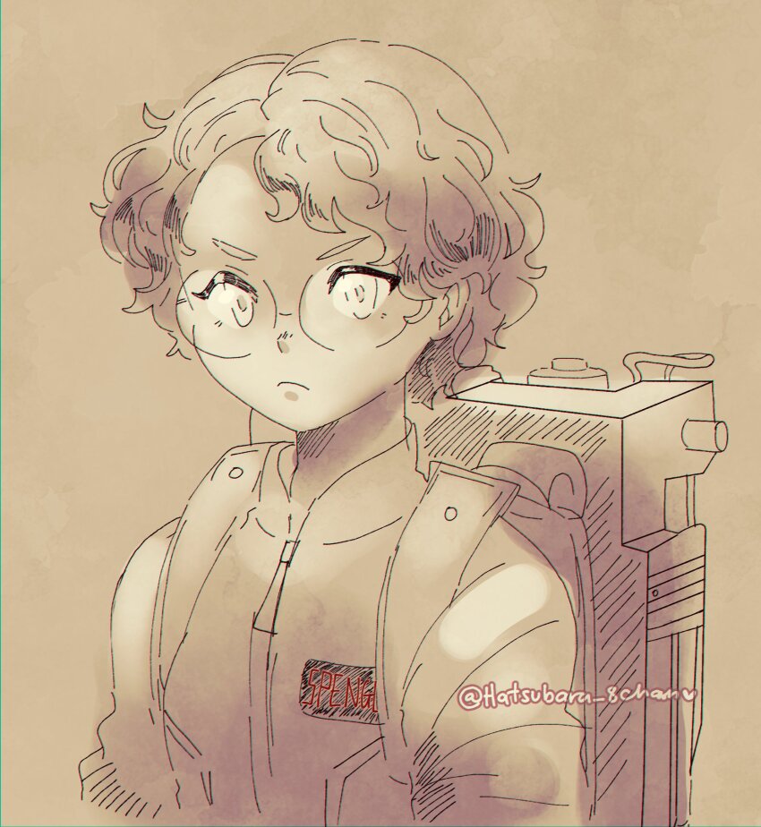 1girl, artist_name, backpack, bag, child, closed_mouth, ghostbusters, ghostbusters:_afterlife