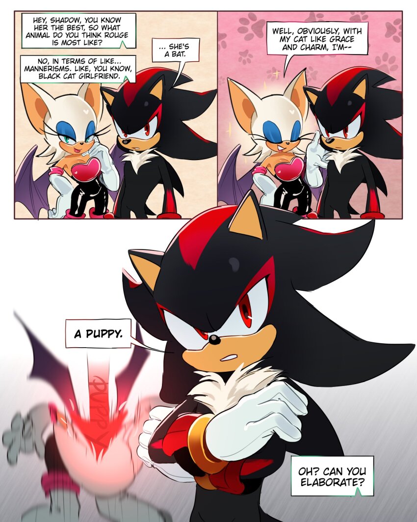 1boy, 1girl, bat_girl, bat_wings, boots, breasts, cleavage, english_text, gloves, green_eyes, hand_on_own_hip, hedgehog_boy, highres, lips, looking_at_viewer, red_eyes, red_lips, rouge_the_bat, shadow_the_hedgehog, sonic_(series), sparkle, speech_bubble, ssanaaloves, white_boots, white_gloves, wings