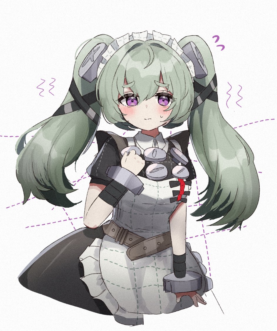 1girl, apron, black_dress, blush, closed_mouth, commentary_request, corin_wickes, dotted_line