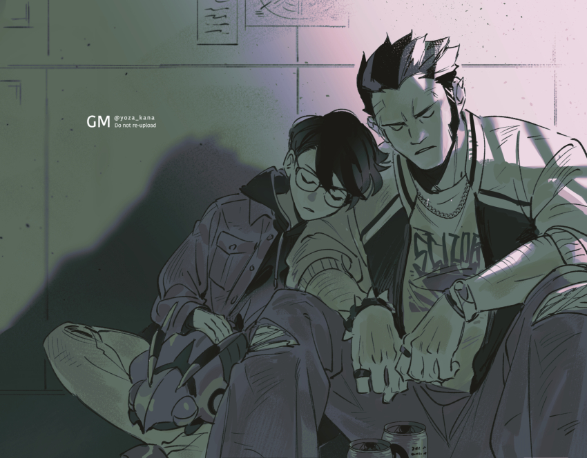 2boys, aged_down, arm_hair, bandaid, bandaid_on_face, bandaid_on_forehead, bracelet, can