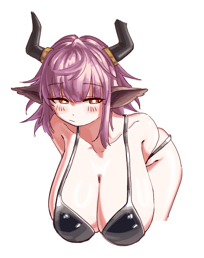 1girl, animal_ears, arknights, bare_shoulders, bikini, black_bikini, blush, breasts, cleavage, cow_ears, cow_girl, cow_horns, goldentissue1, hanging_breasts, highres, horns, huge_breasts, leaning_forward, purple_hair, short_hair, sidelocks, sideroca_(arknights), solo, swimsuit, thighs, white_background, wide_hips, yellow_eyes