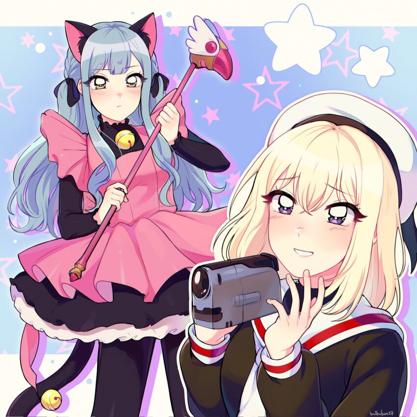 2girls, animal_ears, artist_name, bang_dream!, bang_dream!_it's_mygo!!!!!, bell, blonde_hair, blue_background