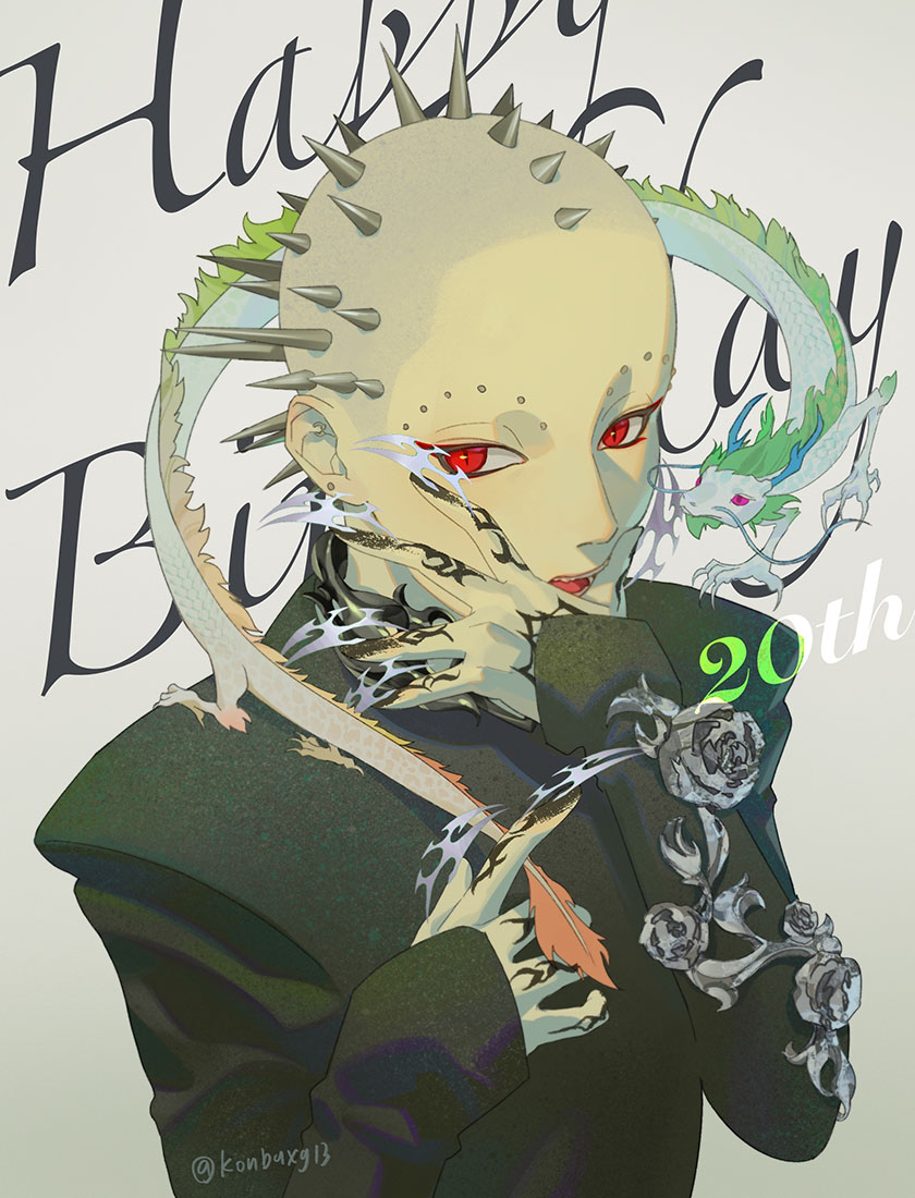 1other, birthday, black_nails, black_shirt, cocona_(xg), commentary, dragon, english_commentary