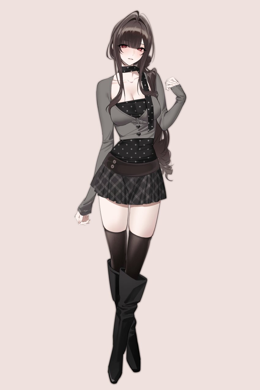 1girl, absurdres, alternate_costume, black_boots, black_skirt, black_thighhighs, boots, breasts