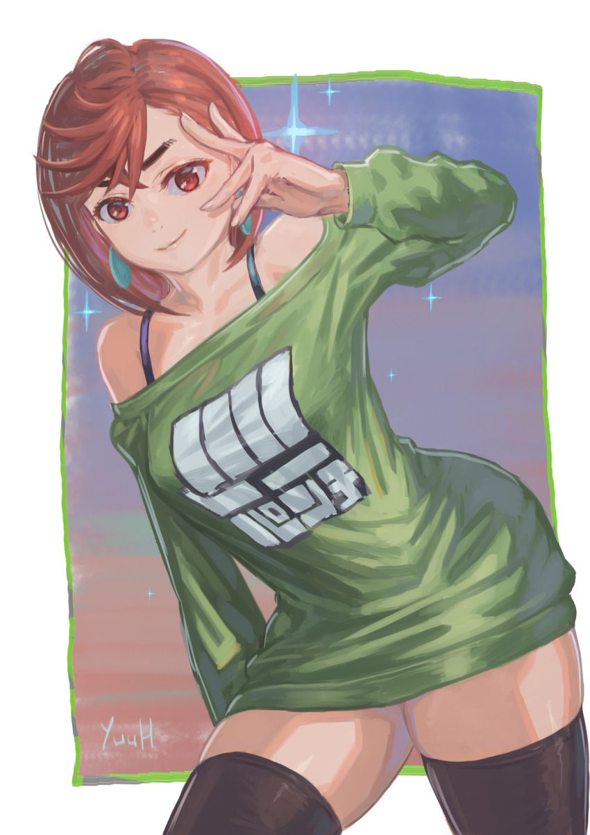 1girl, ayase_momo, bare_shoulders, black_thighhighs, bra_strap, breasts, brown_eyes, brown_hair