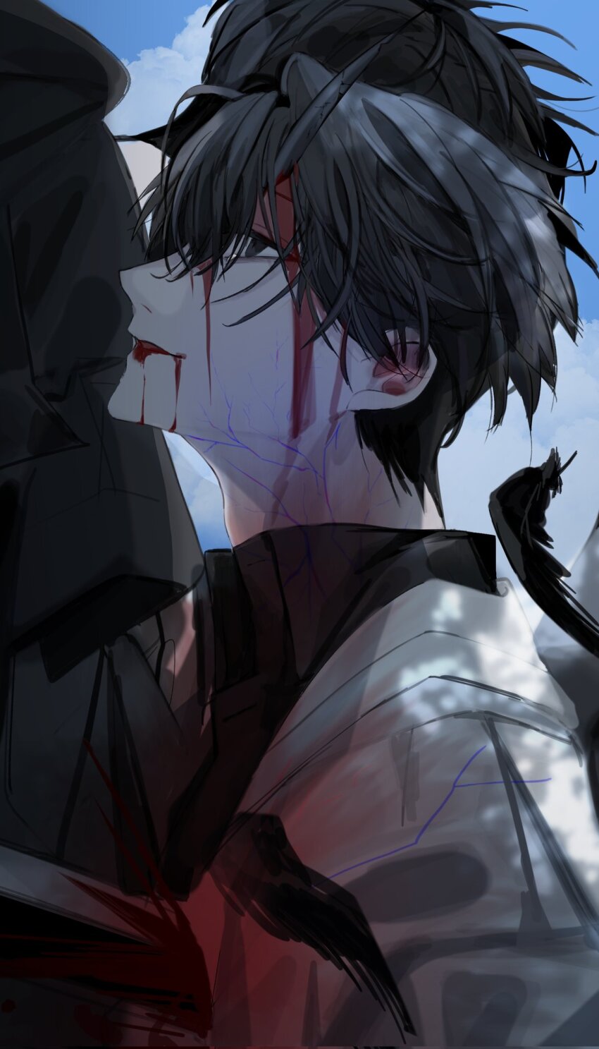 2boys, black_coat, black_eyes, black_hair, blood, blood_from_forehead, blood_from_mouth, blood_on_clothes