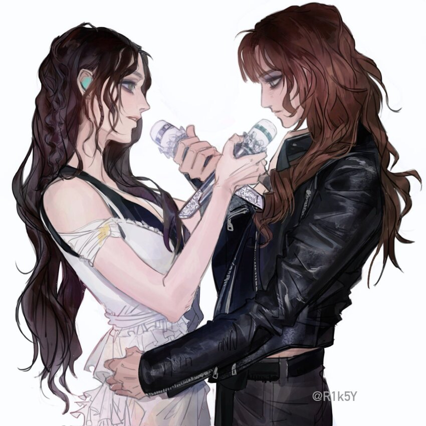 2girls, artist_name, black_jacket, black_pants, brown_hair, cho_mi-yeon, dress, eyeshadow