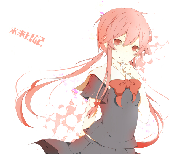 bow, gasai_yuno, long_hair, mirai_nikki, naniiro, pink_hair, red_eyes, school_uniform