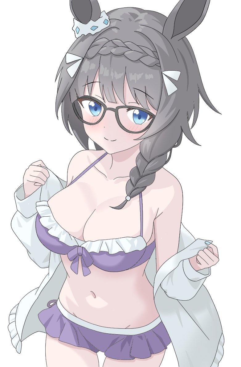 1girl, animal_ears, bare_shoulders, bikini, black_hair, blue_eyes, blue_jacket, blush, braid, braided_ponytail, breasts, cleavage, closed_mouth, collarbone, crown_braid, ear_ornament, ear_scrunchie, glasses, horse_ears, horse_girl, jacket, kurama_(jpjvn42ej6tug5n), large_breasts, long_hair, looking_at_viewer, navel, open_clothes, open_jacket, purple_bikini, simple_background, smile, solo, stomach, swimsuit, umamusume, white_background, zenno_rob_roy_(umamusume)